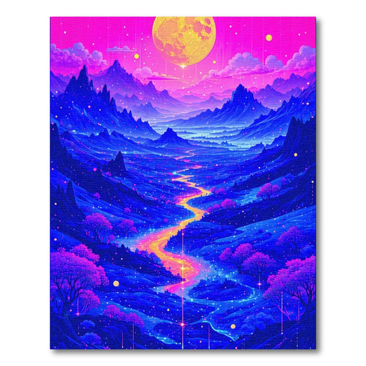 Vibrant Neon Mountain Moon River Rug