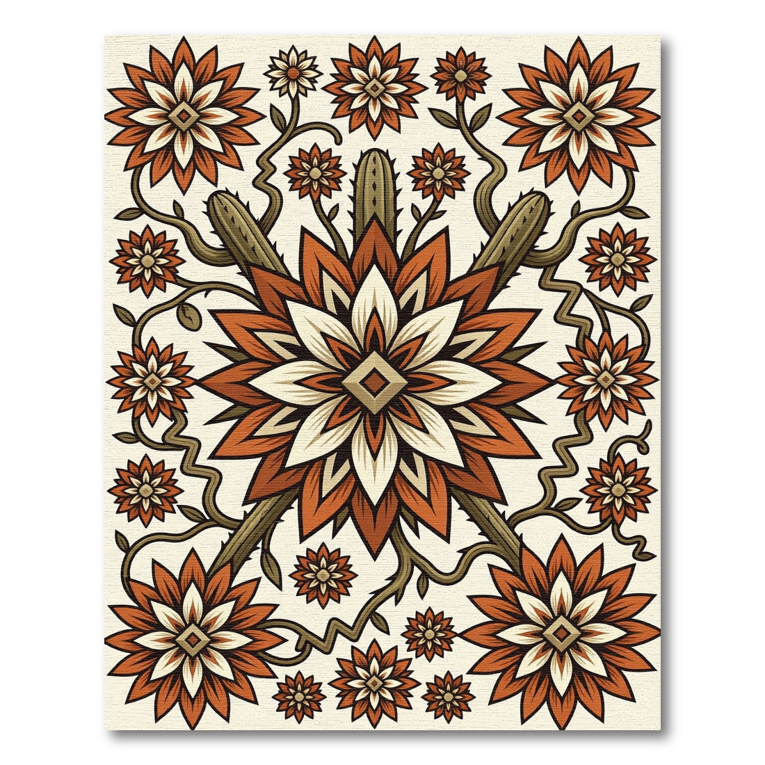 Terracotta Floral Cactus Southwestern Medallion Rug
