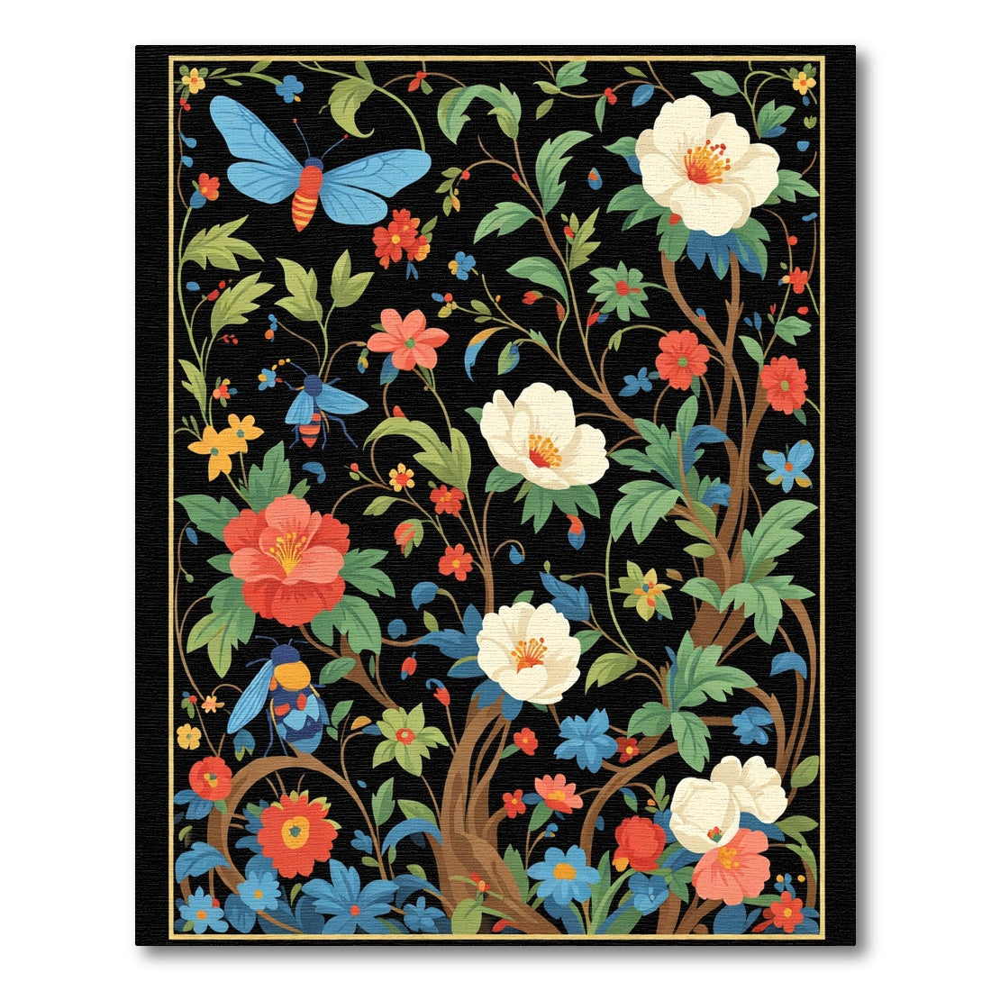 Black Botanical Garden Butterfly Insect Rug
