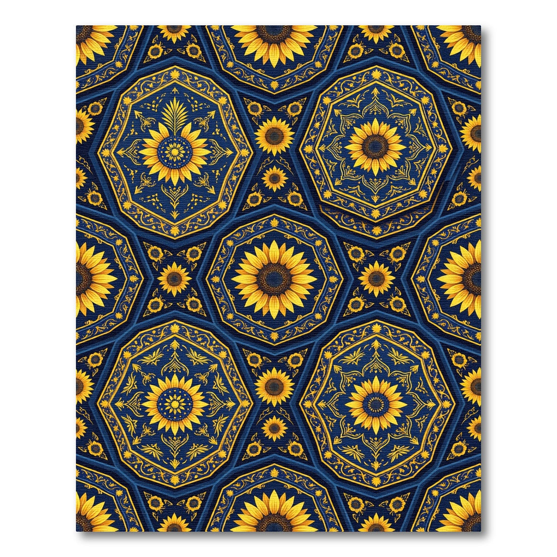 Golden Sunflowers Geometric Navy Tile Rug