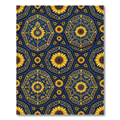 Golden Sunflowers Geometric Navy Tile Rug