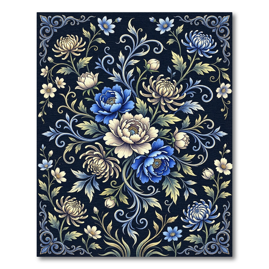 Rich Blue Floral Chinoiserie Foliage Rug