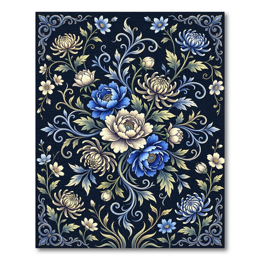 Rich Blue Floral Chinoiserie Foliage Rug