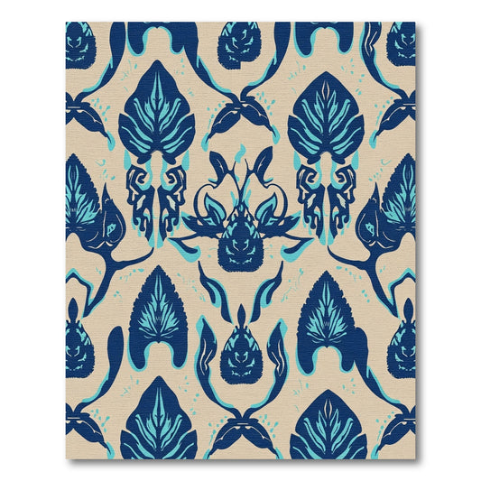 Navy Blue Leafy Damask Arrangement Rug
