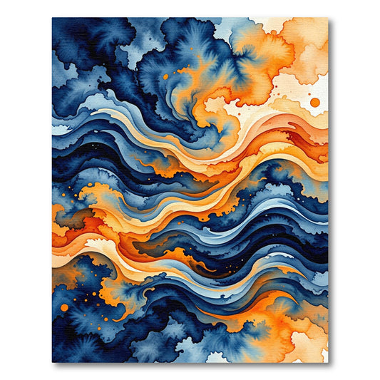 Ethereal Blue and Amber Swirling Wave Rug