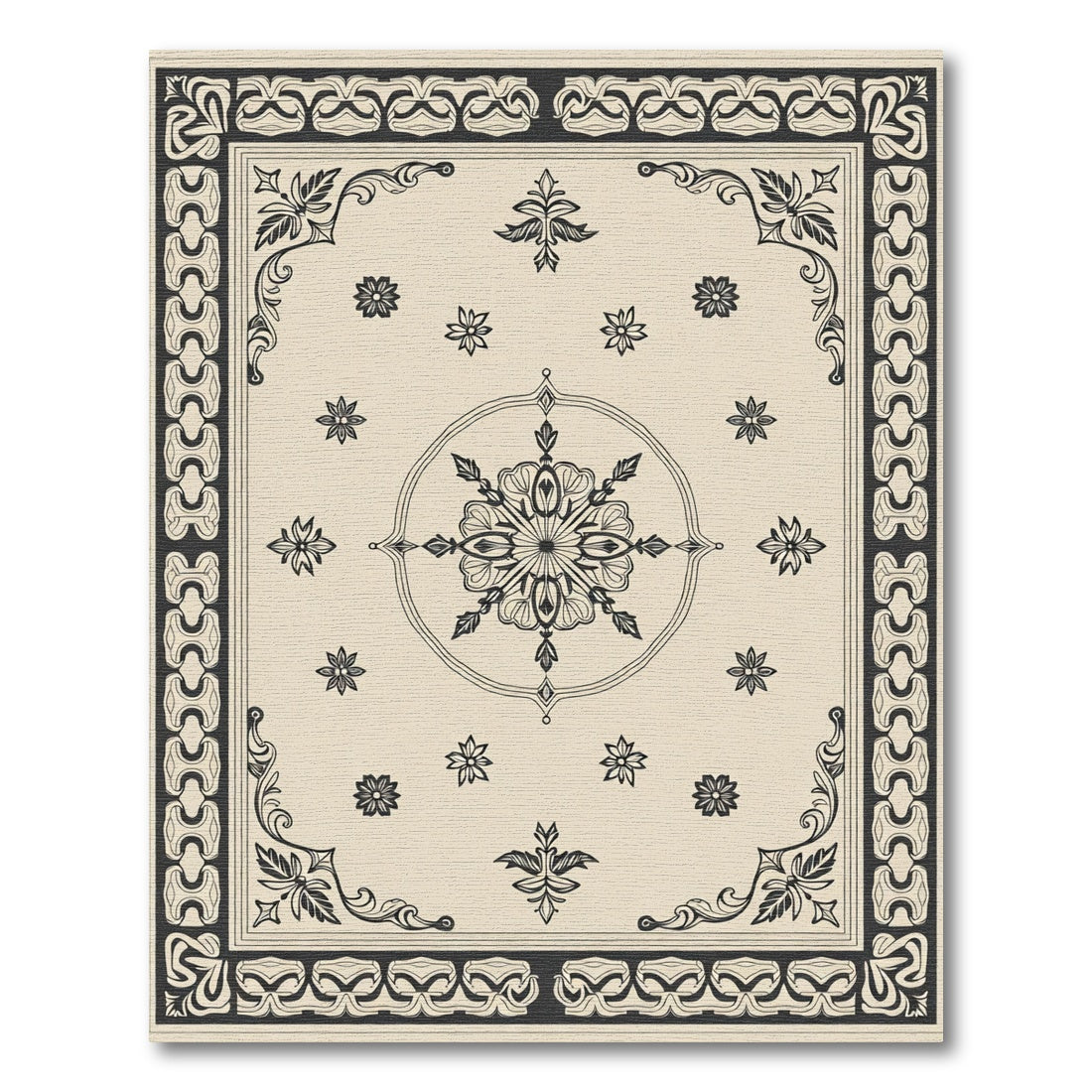 Ivory Black Floral Mandala Border Rug
