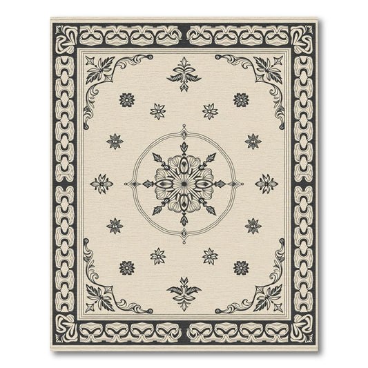 Ivory Black Floral Mandala Border Rug