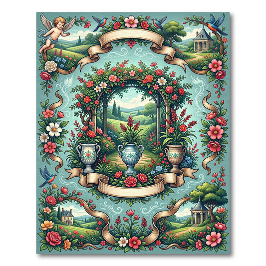 Romantic Garden Arch Red Floral Birds Rug