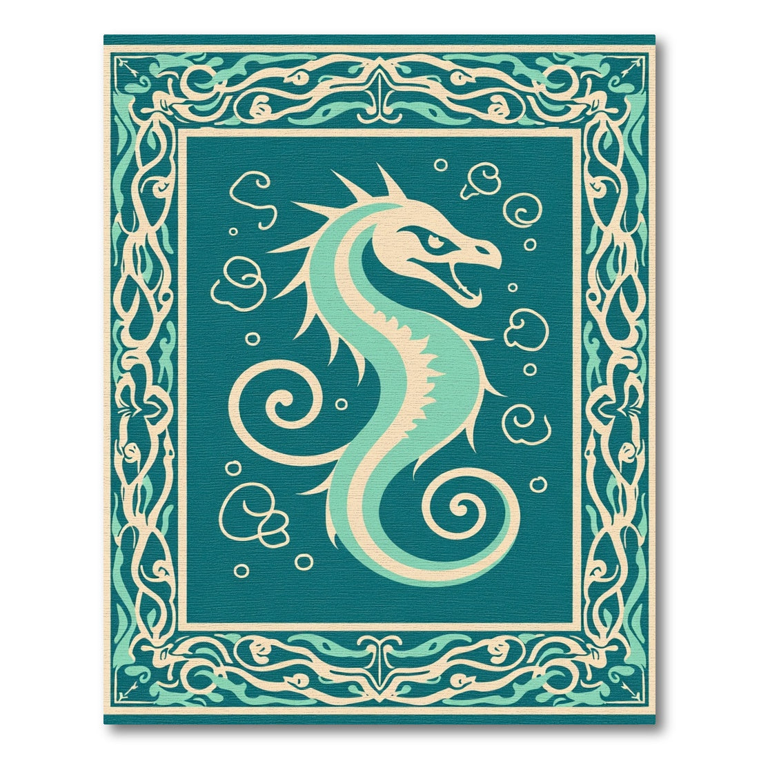 Teal Sea Horse Scroll FrameRug Rug