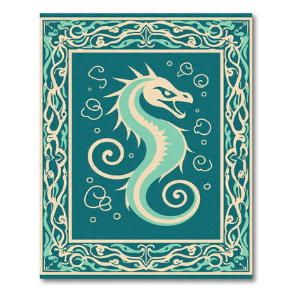 Teal Sea Horse Scroll FrameRug Rug