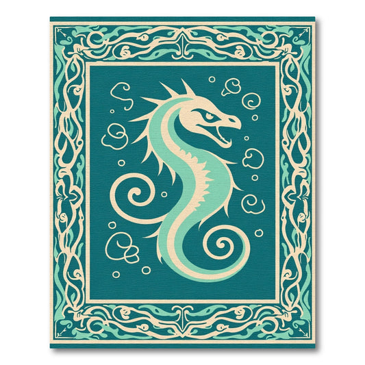 Teal Sea Horse Scroll FrameRug Rug