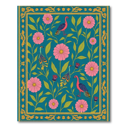 Teal Pink Floral Peacock Garden Rug