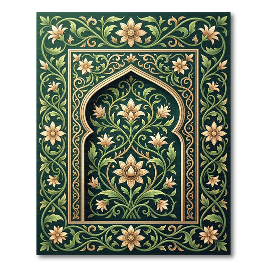 Elegant Emerald Gold Floral Arched Art Rug