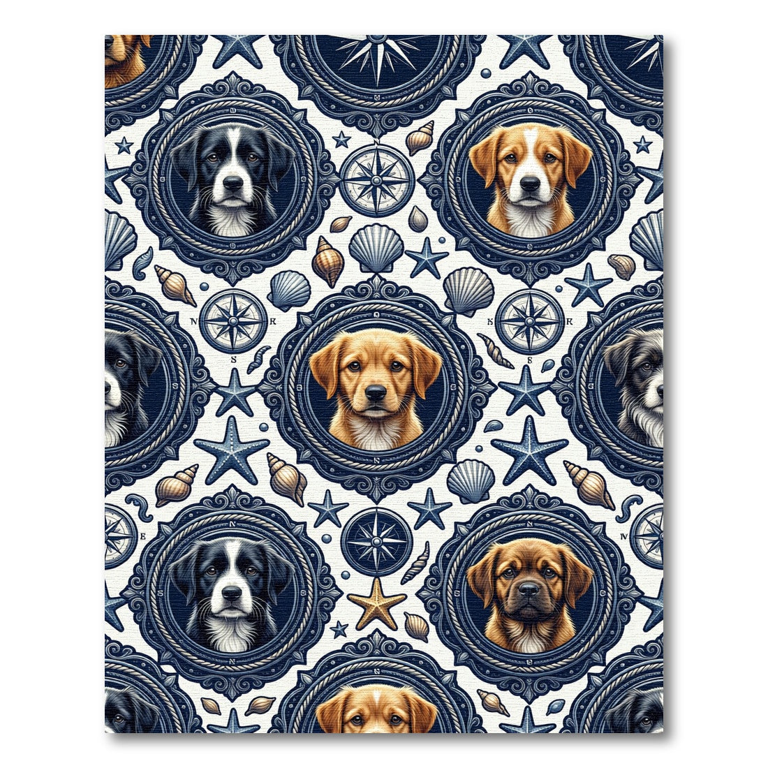 Nautical Dog Portrait Navy Compass Medallion Rug