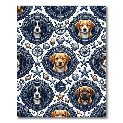 Nautical Dog Portrait Navy Compass Medallion Rug