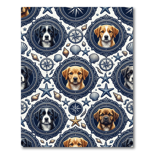 Nautical Dog Portrait Navy Compass Medallion Rug