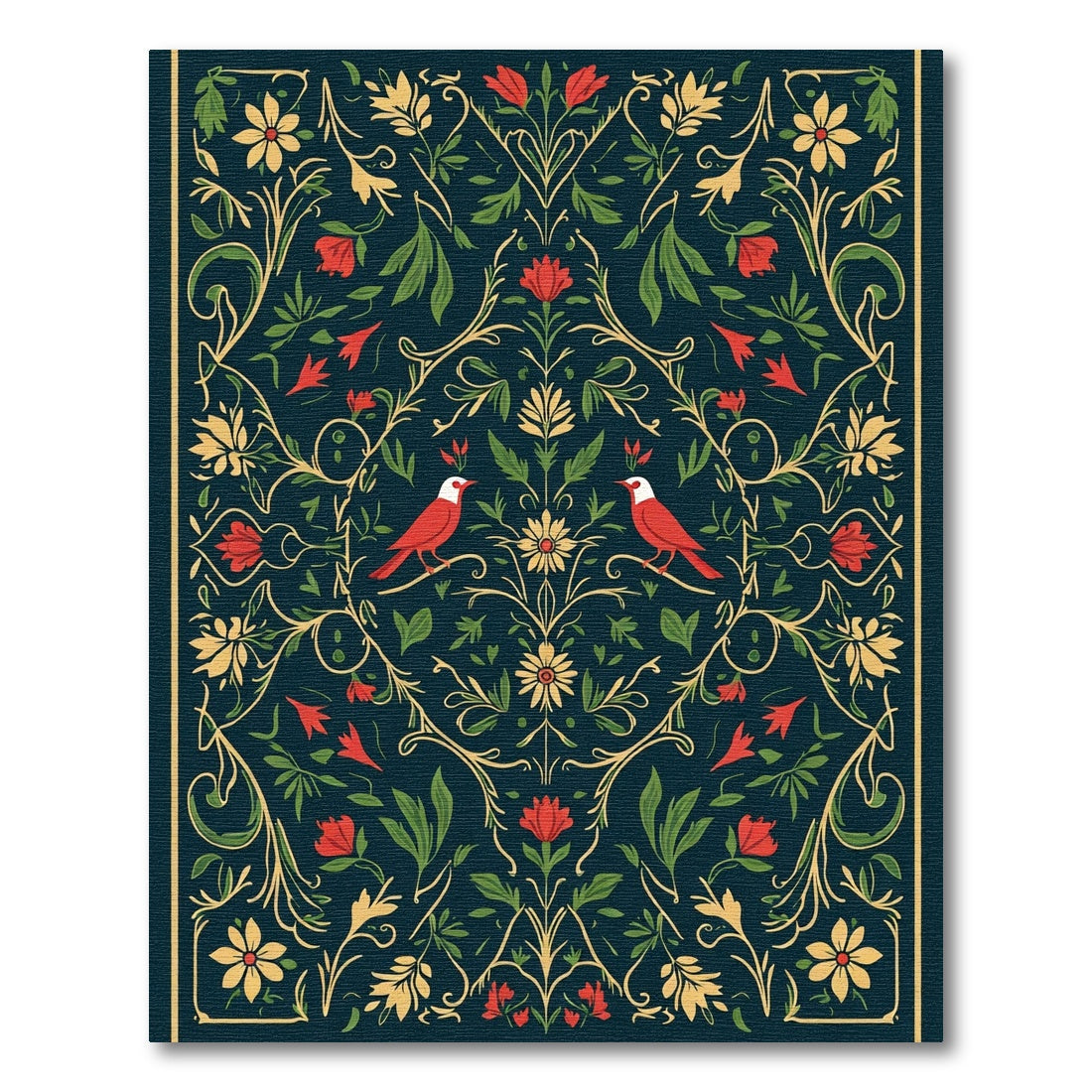 Deep Teal Red Bird Floral Vine Rug