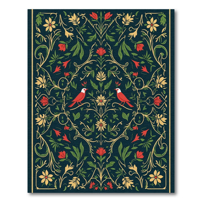 Deep Teal Red Bird Floral Vine Rug