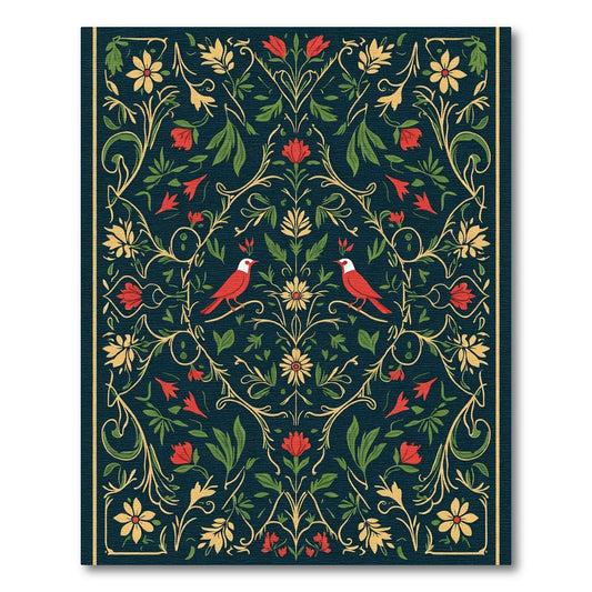 Deep Teal Red Bird Floral Vine Rug