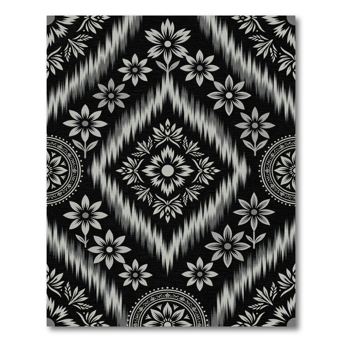 Black Gray Floral Ikat Diamond Rug