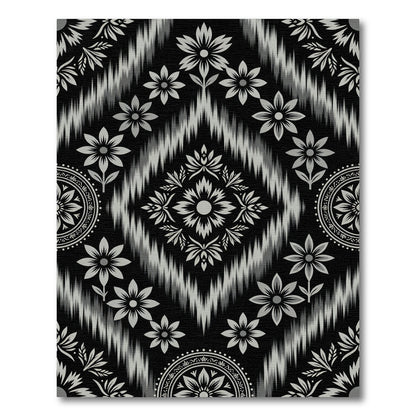 Black Gray Floral Ikat Diamond Rug
