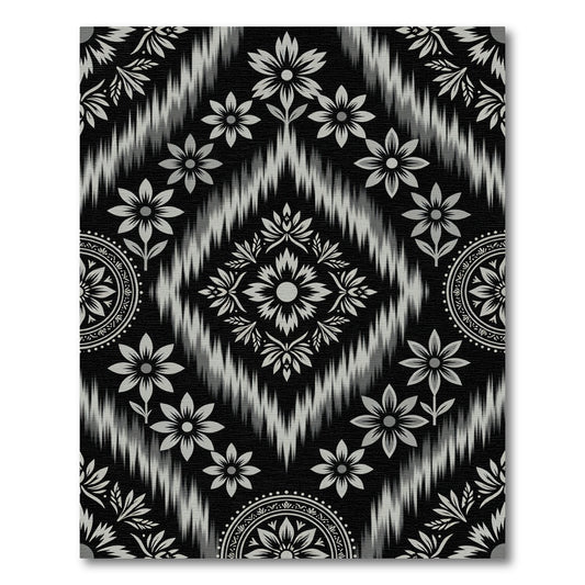 Black Gray Floral Ikat Diamond Rug