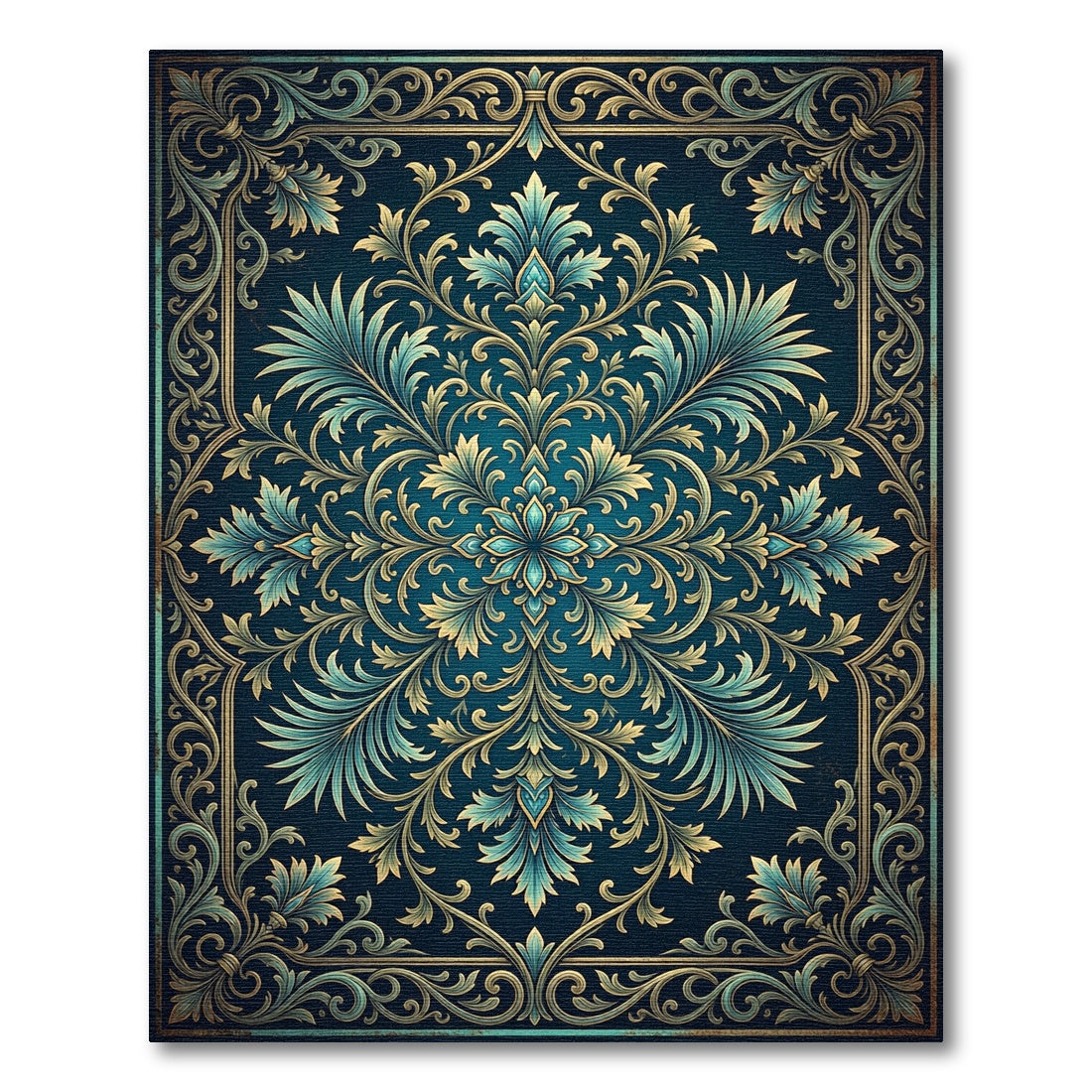 Elegant Teal Gold Ornate Foliage Medallion Rug