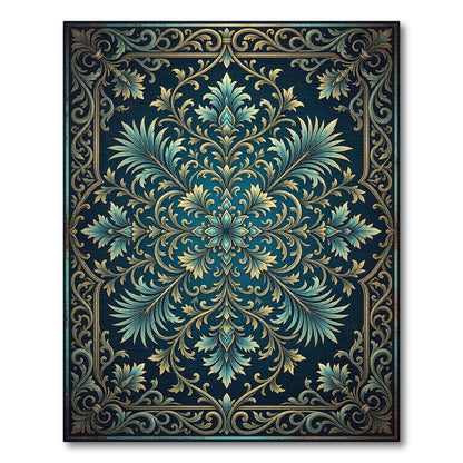 Elegant Teal Gold Ornate Foliage Medallion Rug