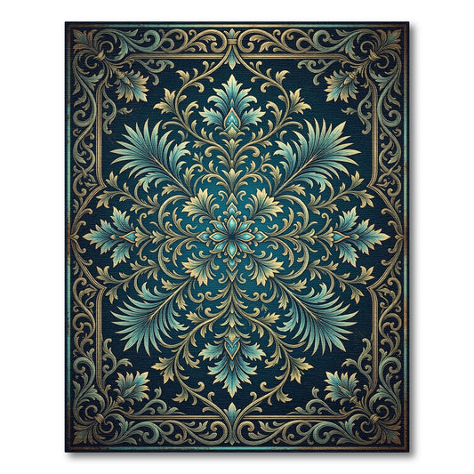 Elegant Teal Gold Ornate Foliage Medallion Rug