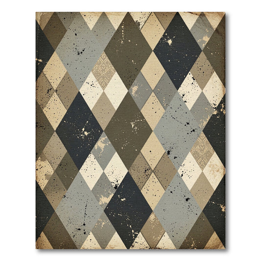 Distressed Greige Argyle Checkered Art Rug