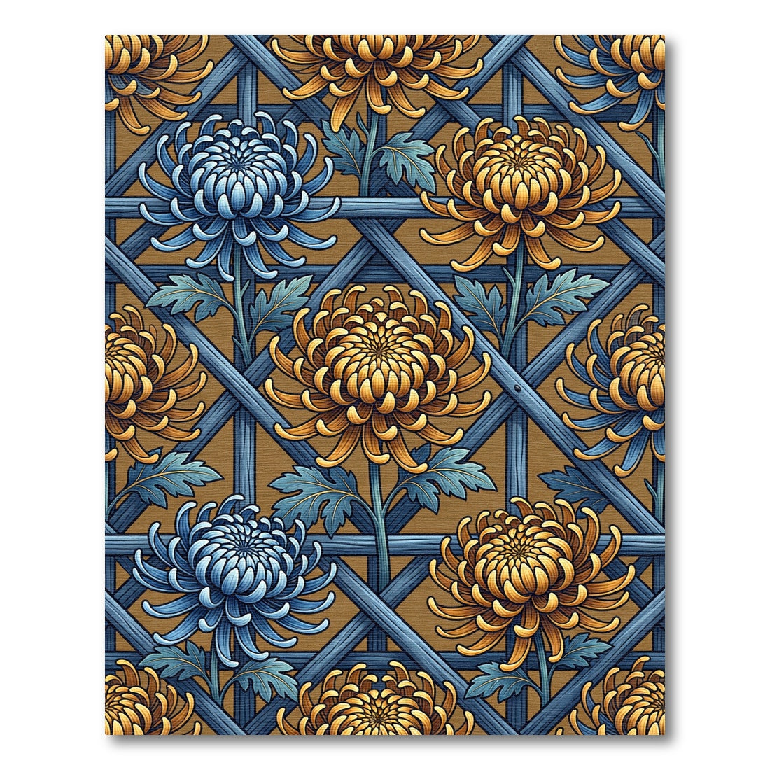 Blue Golden Chrysanthemum Lattice Rug