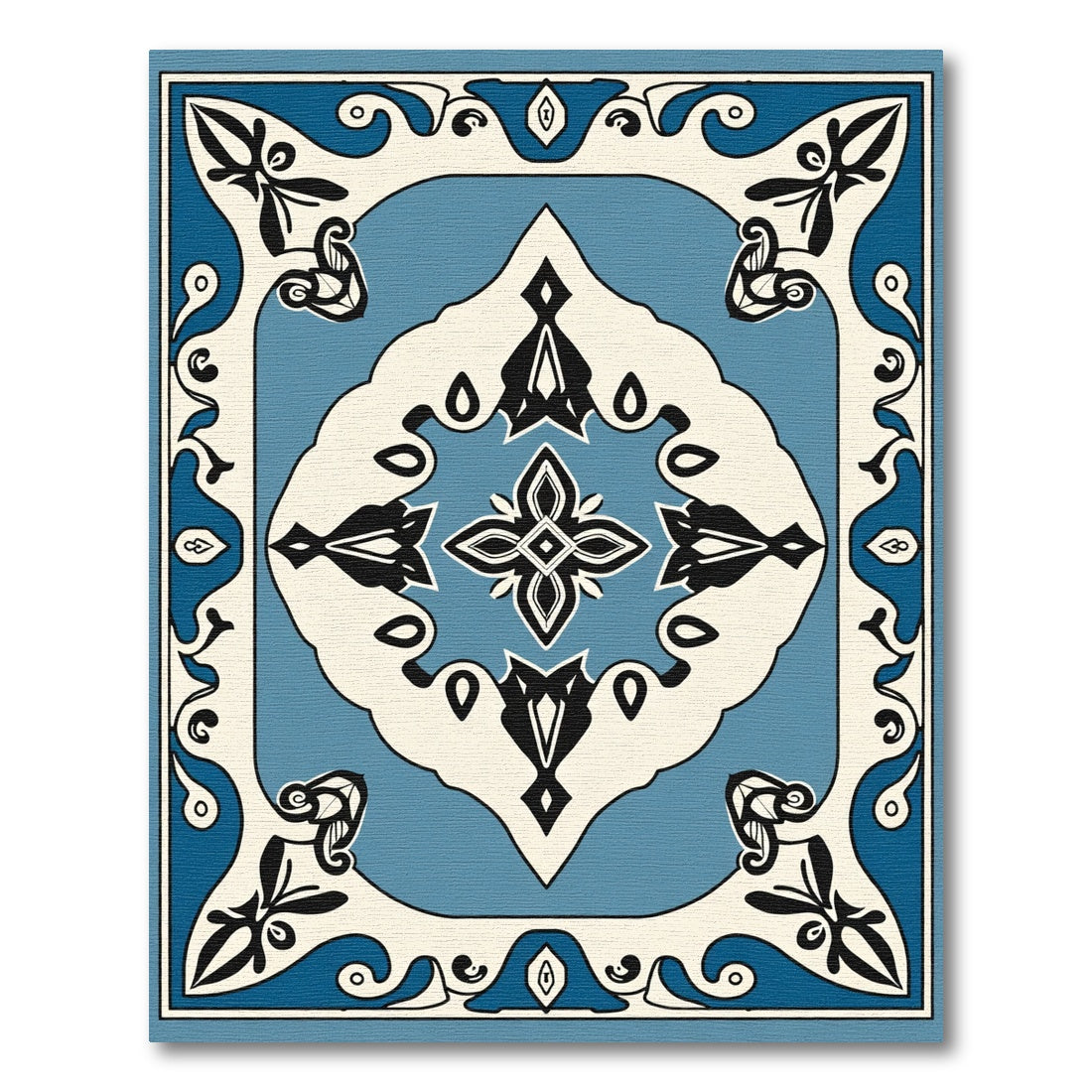 Ornate Blue Ivory Botanical Scroll Rug