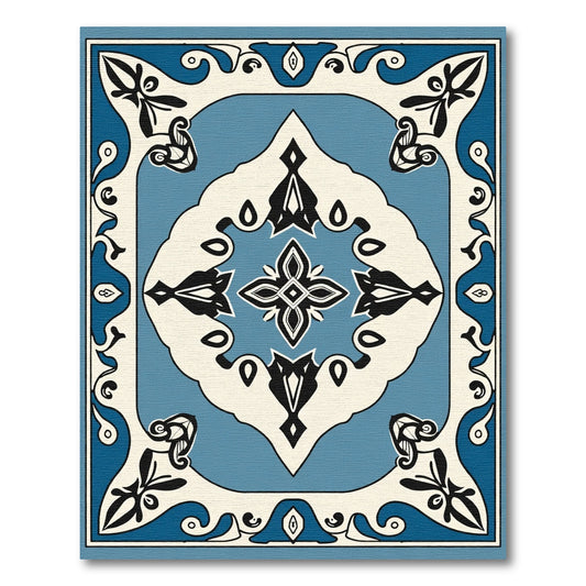 Ornate Blue Ivory Botanical Scroll Rug