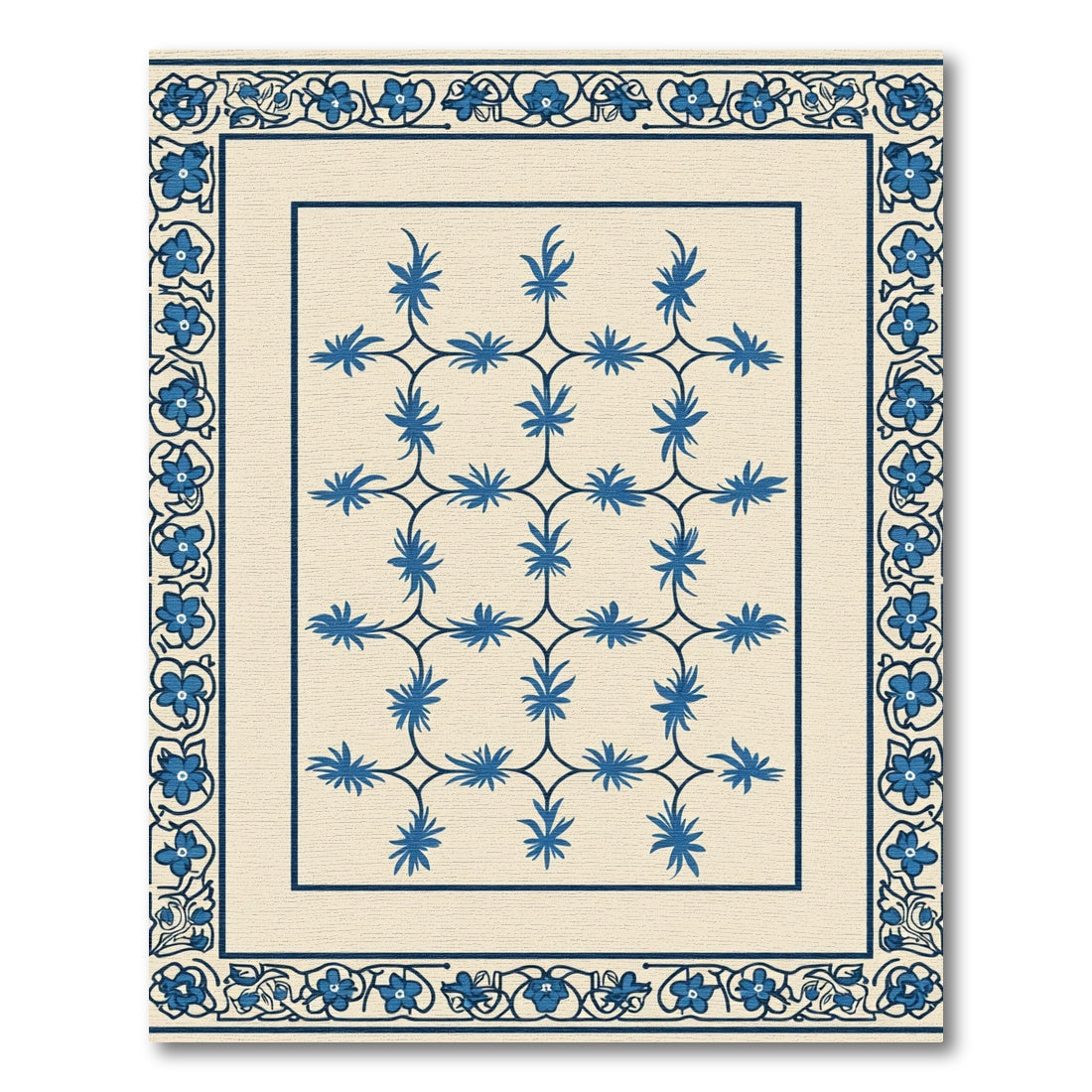 Blue Lattice Floral Border Rug