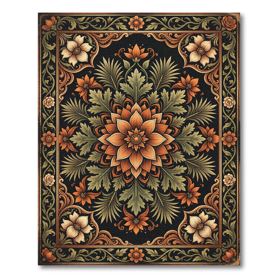 Autumnal Floral Mandala Ornate Gold Foliage Rug
