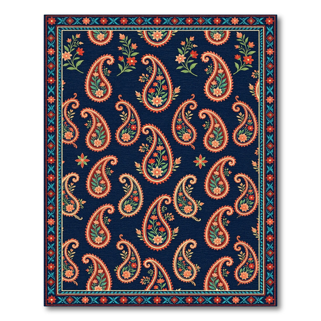 Navy Blue Paisley Floral Medallion Rug