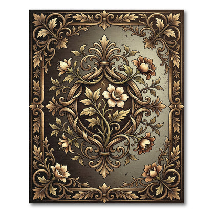 Ornate Gold Flourish Floral Framing Rug