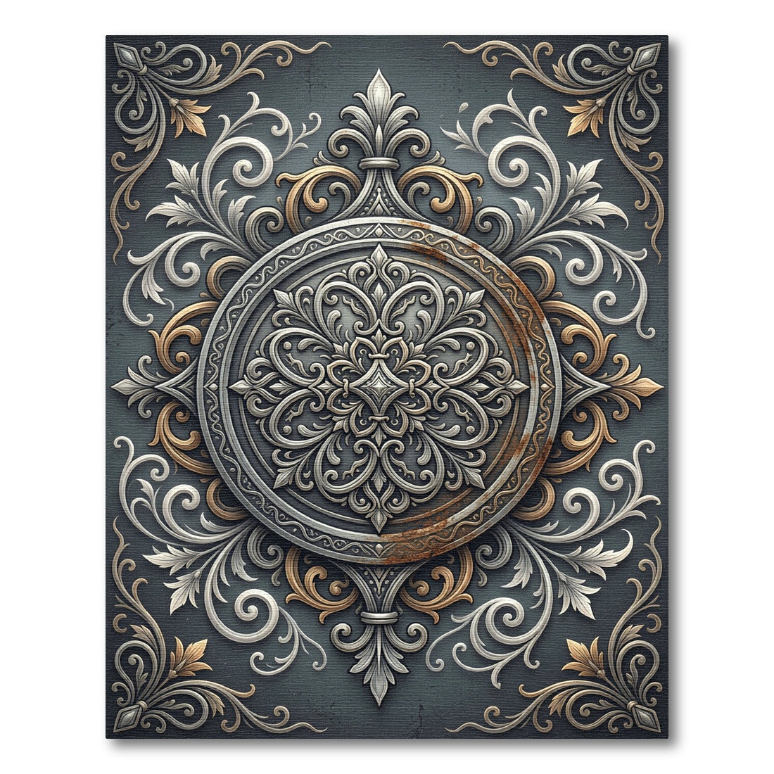 Elegant Silver Gold Baroque Medallion Rug