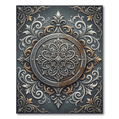 Elegant Silver Gold Baroque Medallion Rug