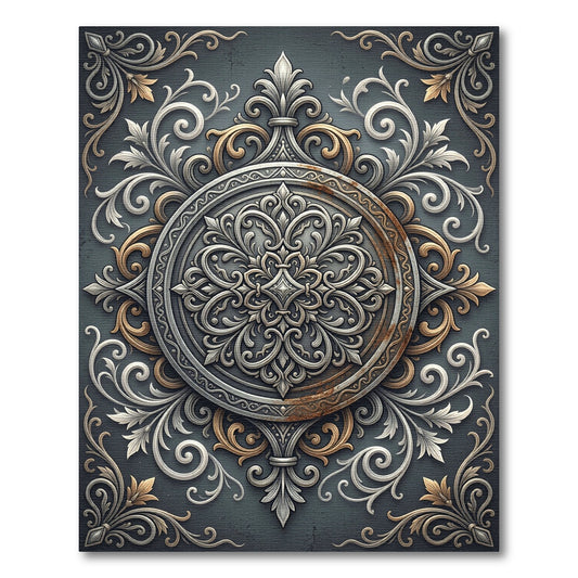 Elegant Silver Gold Baroque Medallion Rug