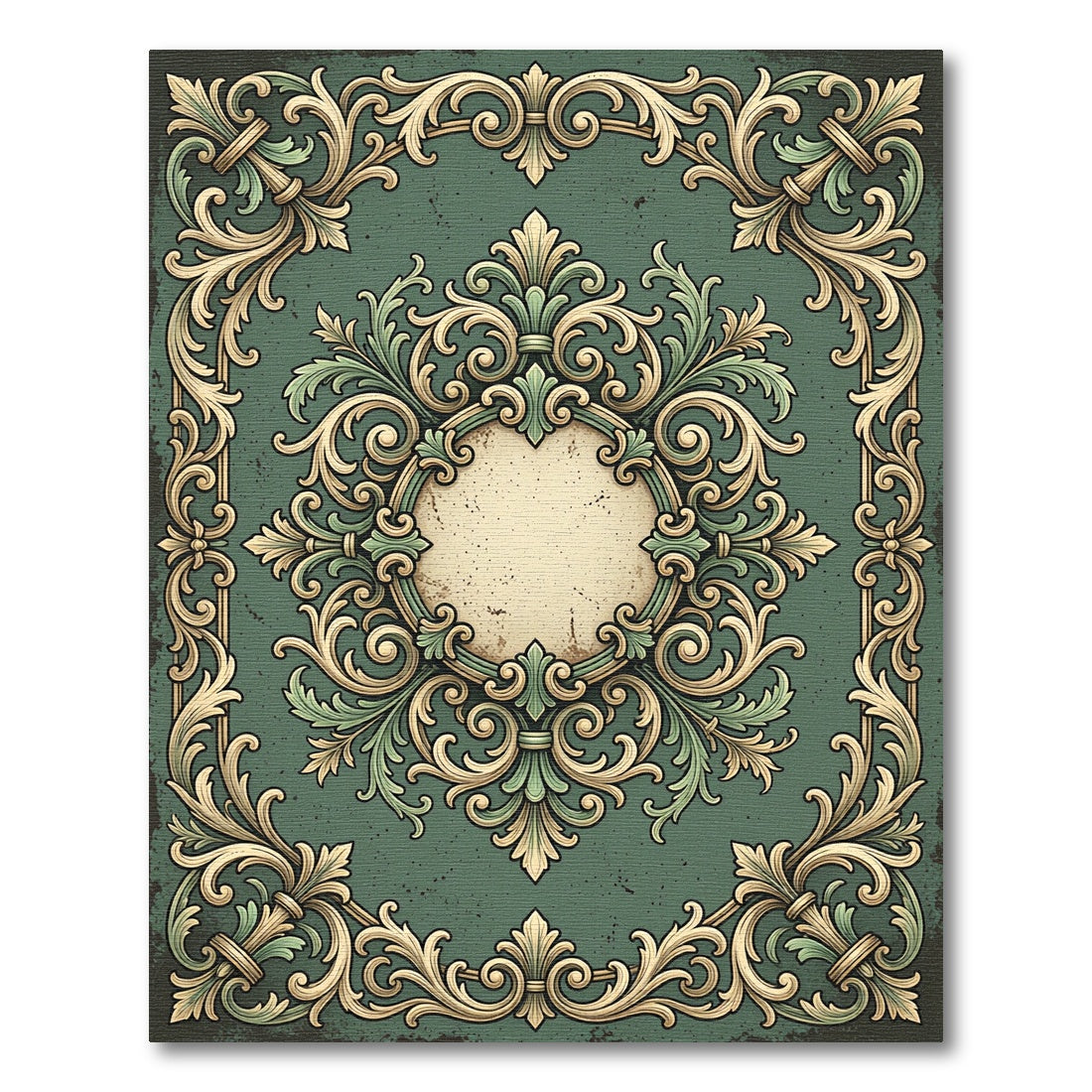 Elegant Sage Cream Ornate Baroque Frame Rug