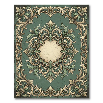 Elegant Sage Cream Ornate Baroque Frame Rug
