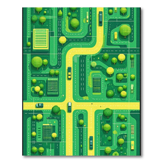 Vibrant Green City Roads Trees Rug