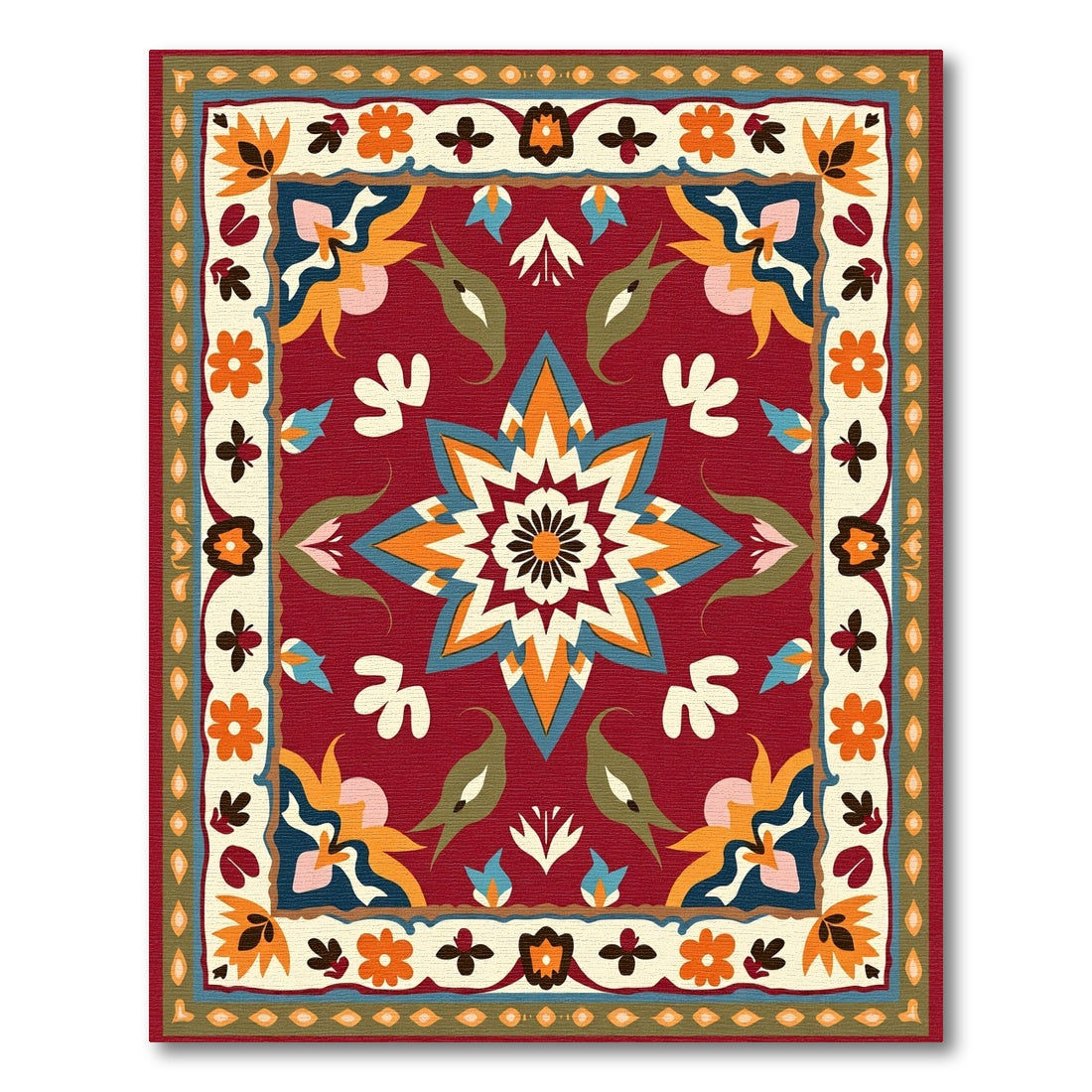 Vibrant Crimson Floral Medallion Folk Rug
