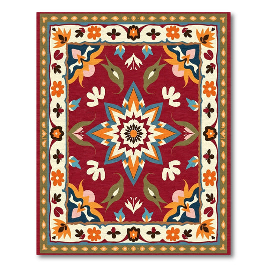 Vibrant Crimson Floral Medallion Folk Rug