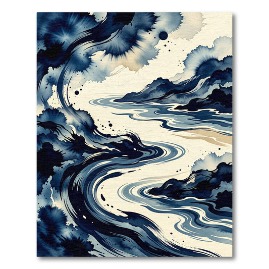 Deep Blue Watercolor River Flow Rug