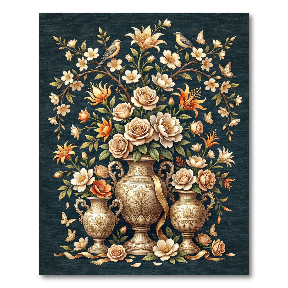 Vintage Floral Vases Birds Butterflies Rug