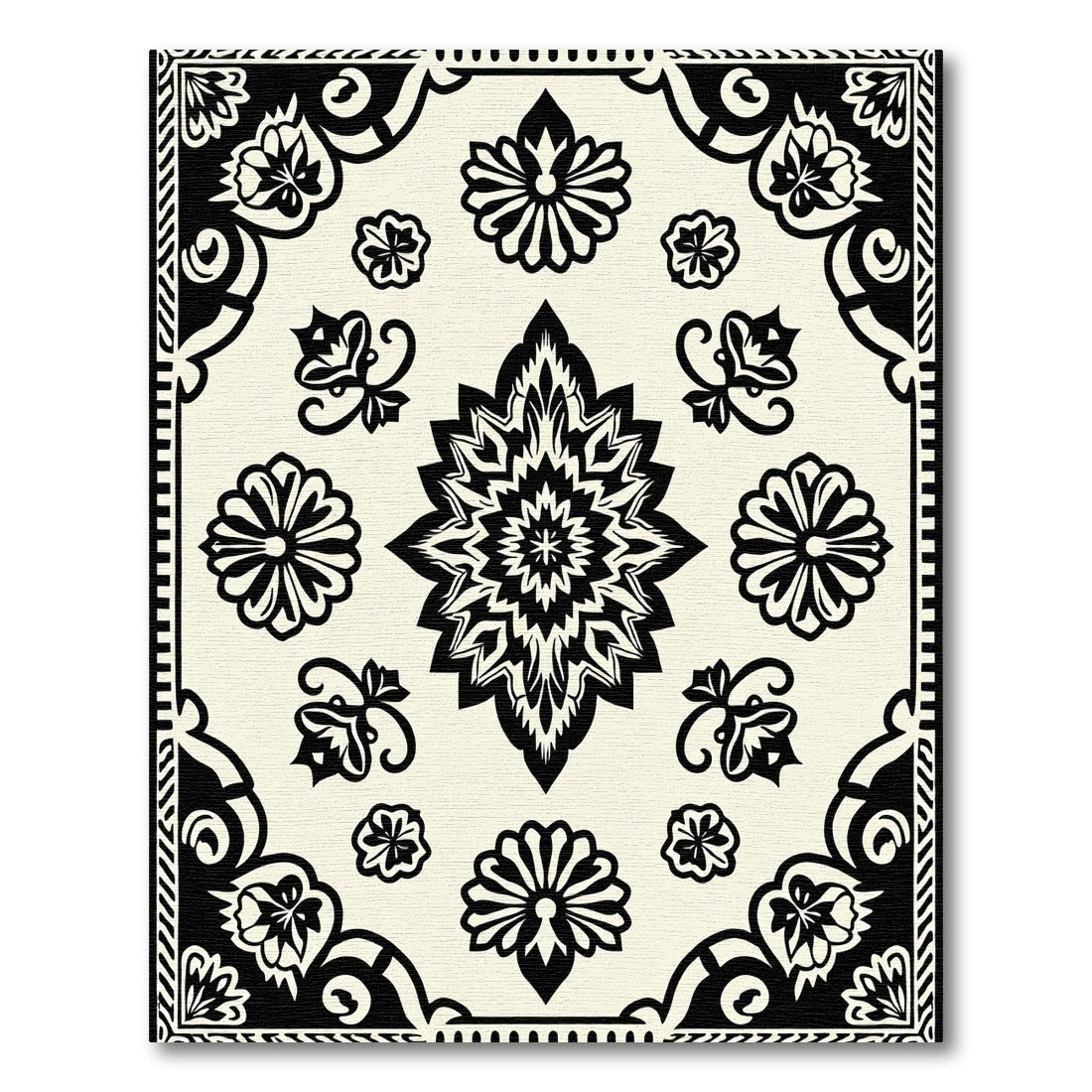 Black Floral Medallion Ivory Tiled Rug