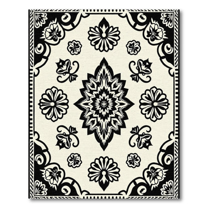 Black Floral Medallion Ivory Tiled Rug