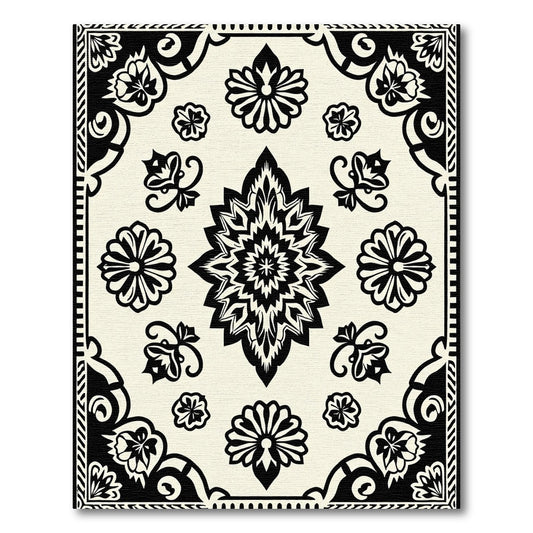 Black Floral Medallion Ivory Tiled Rug